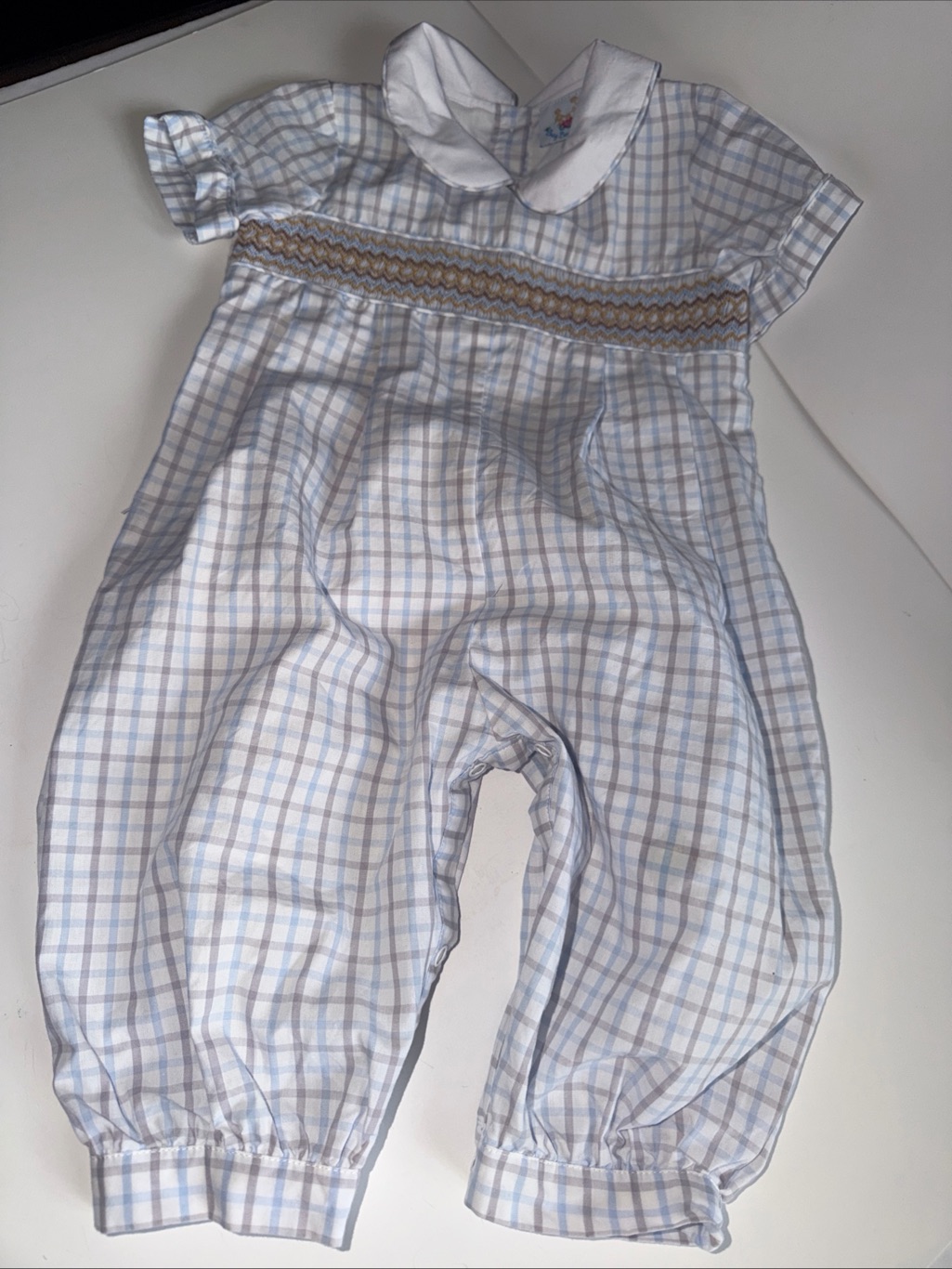 Busy Bees Smocked 12m Brand Gingham Blue White Girls Knit Romper